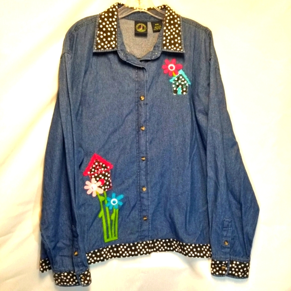 Lighthouse Apparel Womans Size 2XL Denim Appliques Long Sleeve Button Down